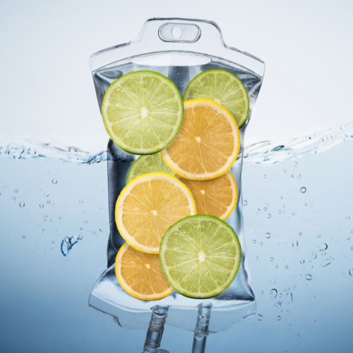 IV Bag with lemons and limes surrounded by water